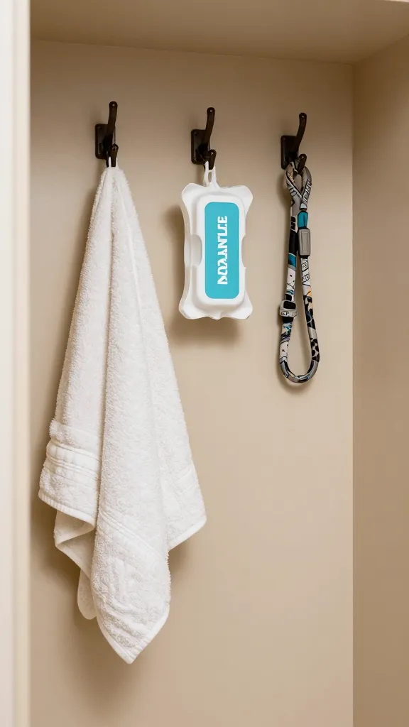 Small mudroom nook with towel, wipes, and leash hooks