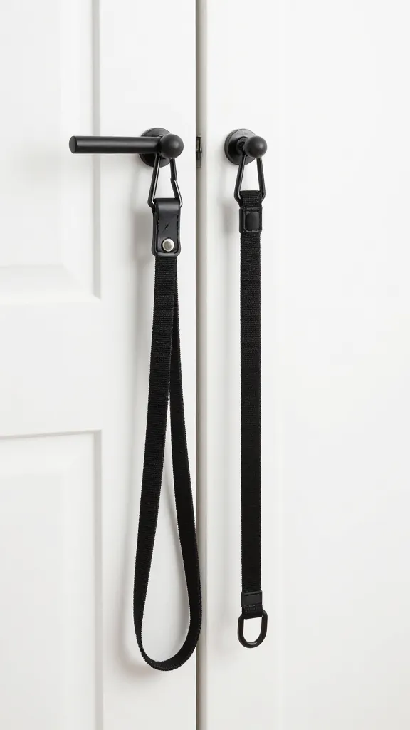 Black metal hooks holding leashes beside door, clean white wall