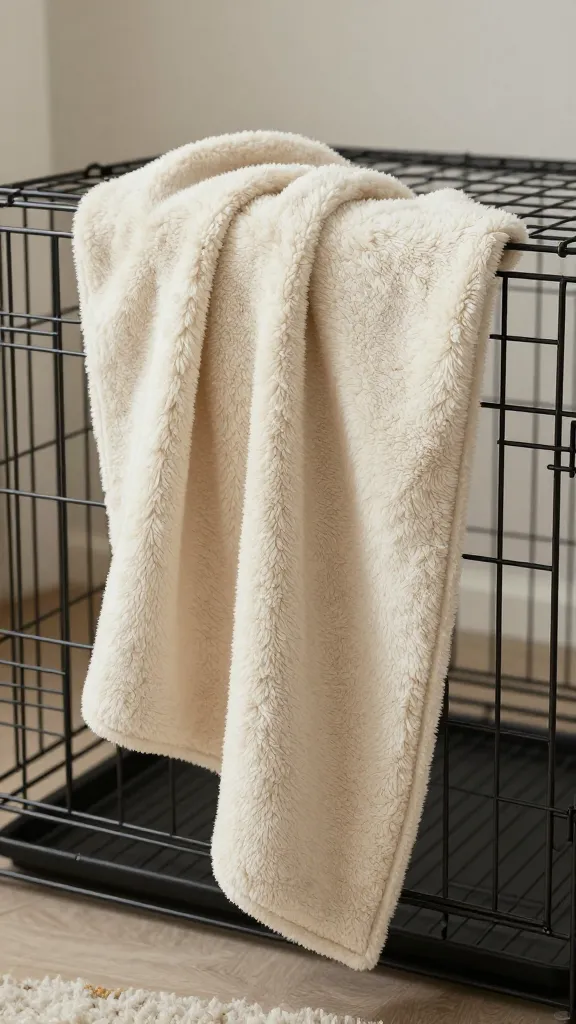 fleece throw draped over wire dog crate, cozy living room