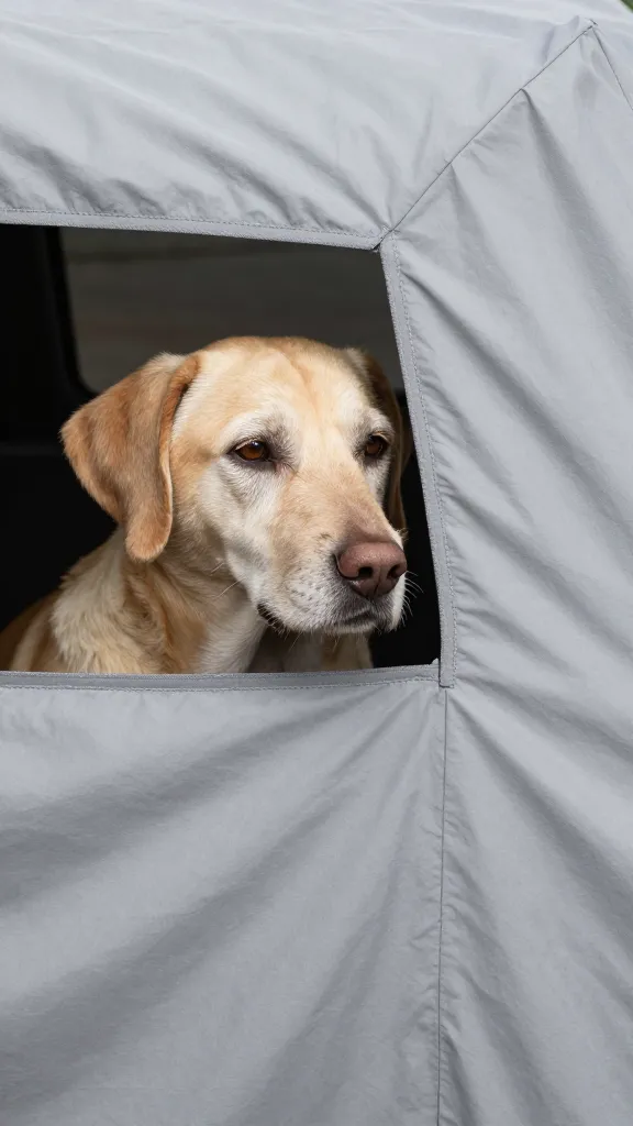 partial crate cover with side window, calm senior dog
