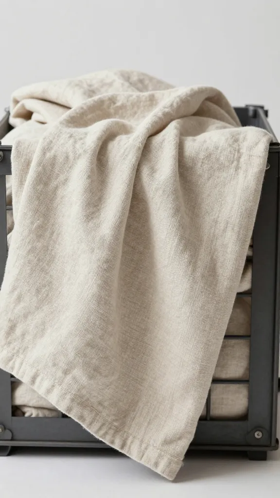neutral linen blanket covering crate, Scandinavian decor