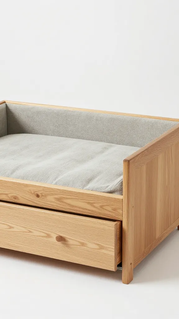 oak dog bed with built-in drawers, plush cushion
