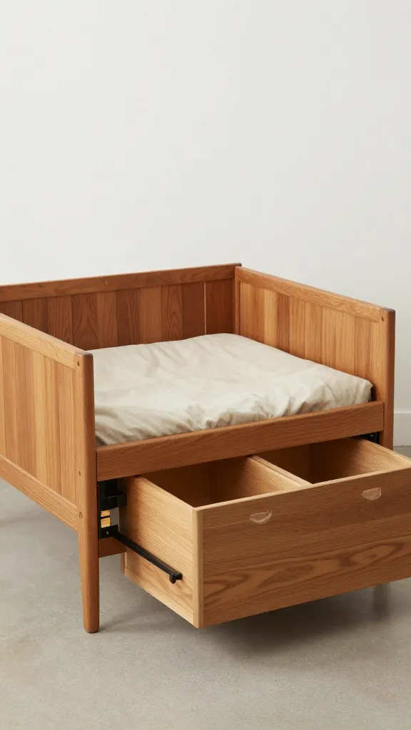 mid-century wood dog bed with sliding toy bins