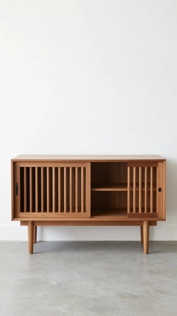 Mid-century console with built-in dog crate, airy slats