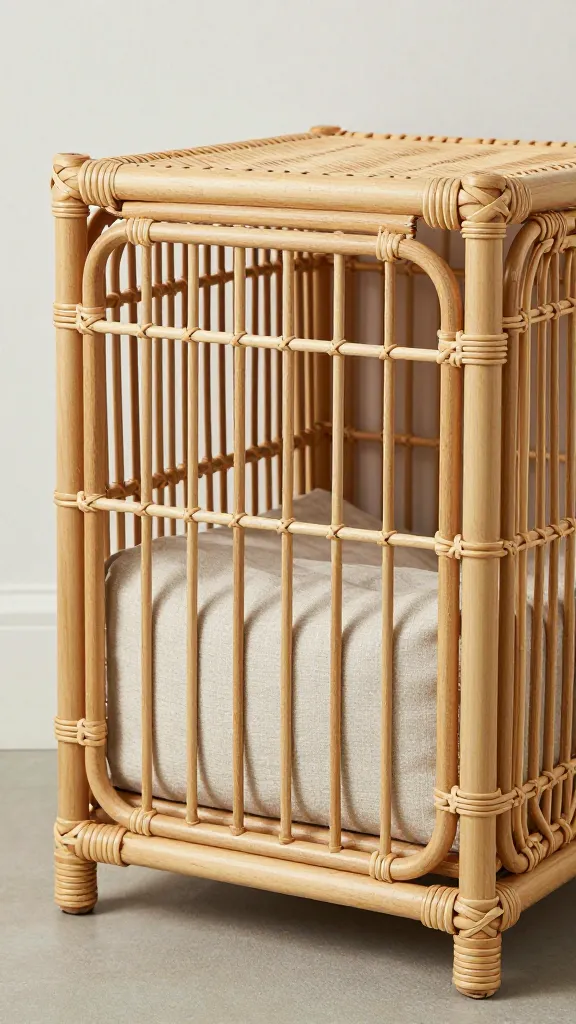 Rattan side table hiding dog crate, linen cushion inside