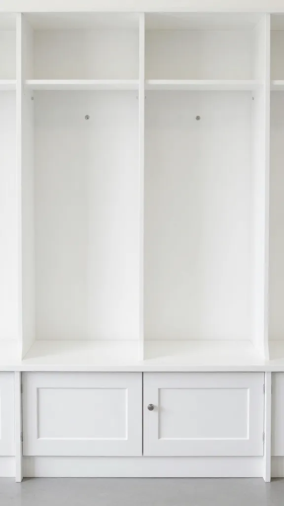 White mudroom bench with vented crate cabinet doors