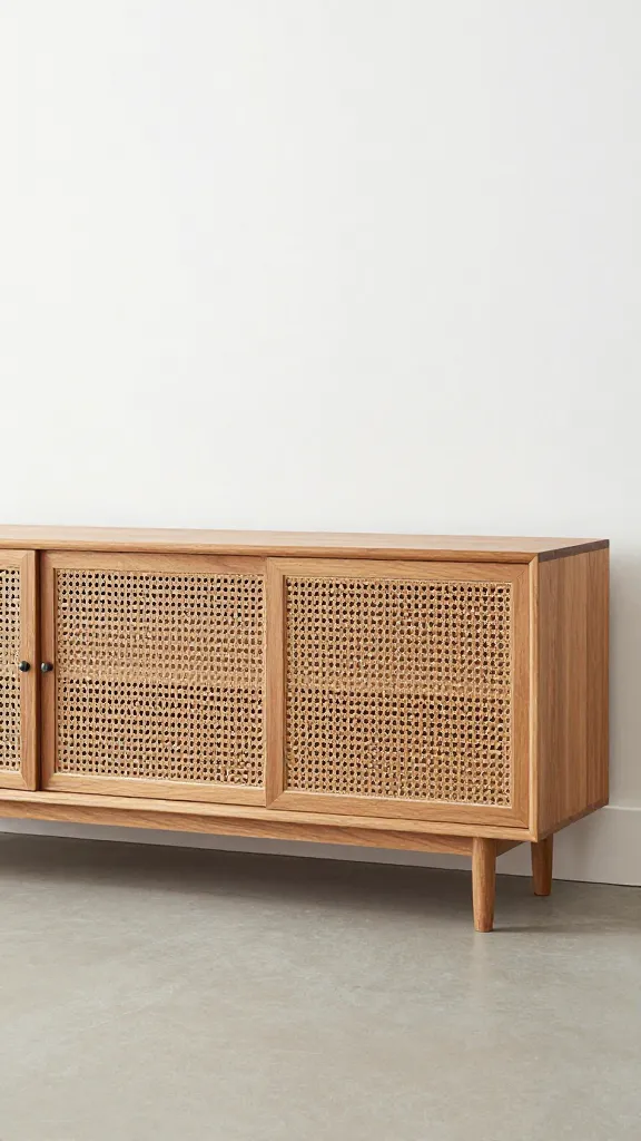 Floating credenza with mesh crate panel, warm oak finish
