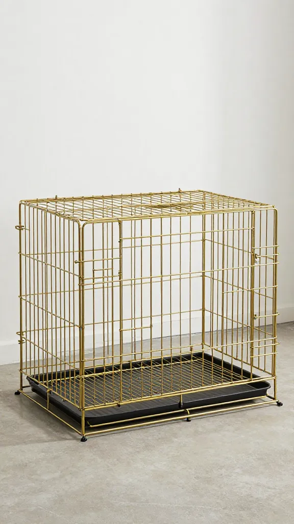 Coffee table dog crate with brass hardware, breathable sides