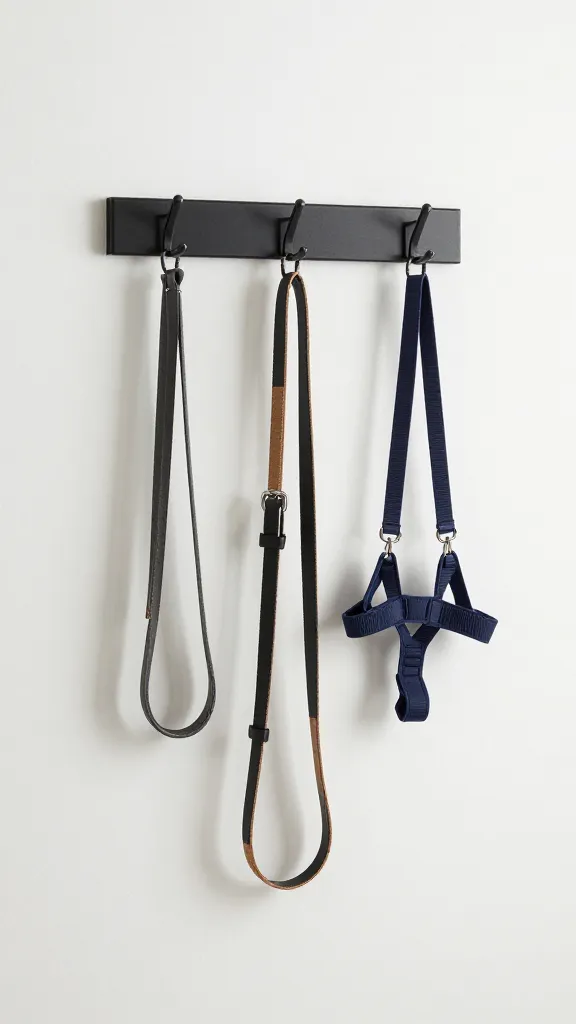 Minimalist entryway hook rack with leashes and harnesses