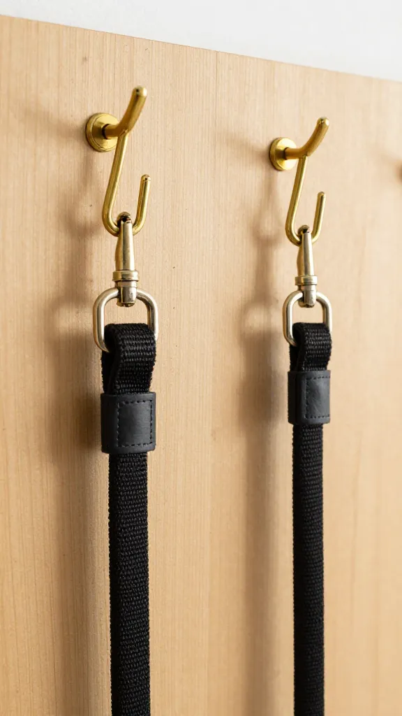 Close-up brass hooks on stained board holding dog leashes