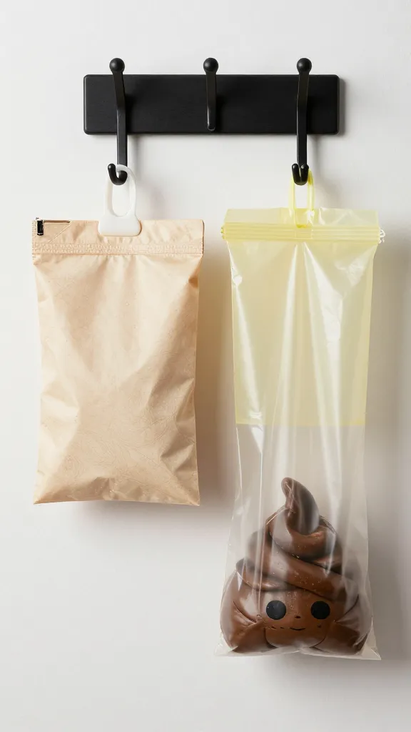 Treat pouch and poop bags hung on matte black hooks