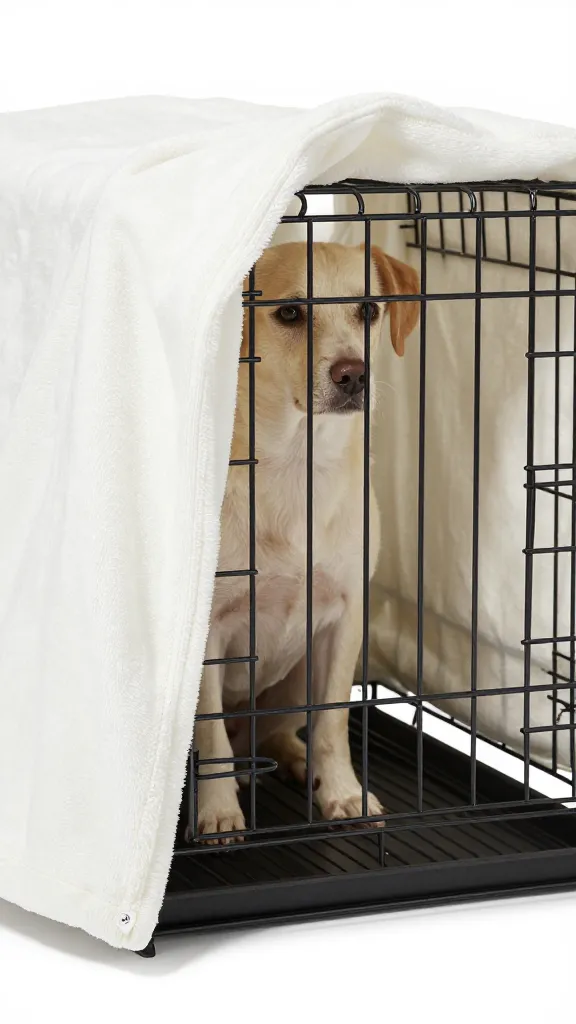 wire dog crate half-covered with breathable cotton blanket