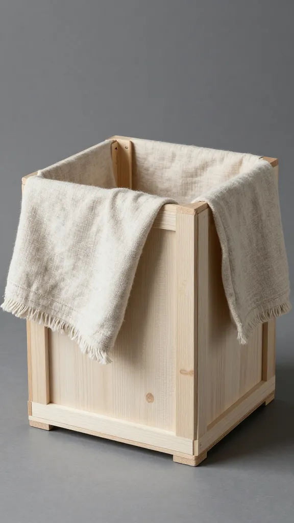 medium crate draped with linen blanket, front panel open