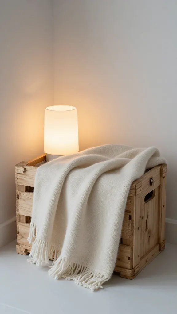 cozy crate corner, wool throw clipped, soft lamplight