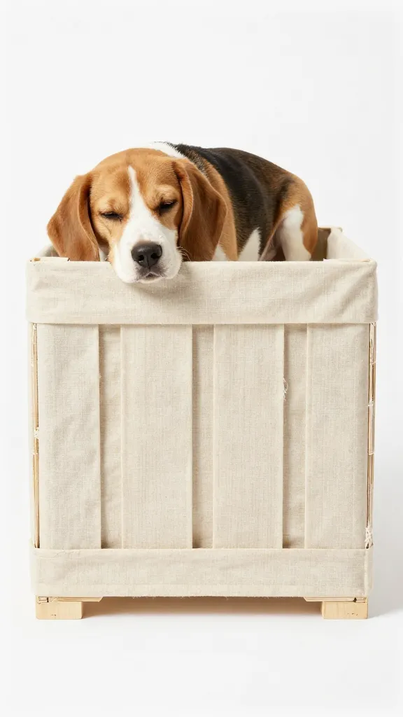 crate with muslin cover, ventilation gaps, sleepy beagle