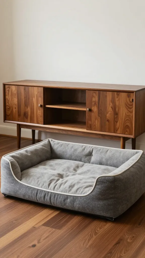mid-century living room dog bed beside walnut console