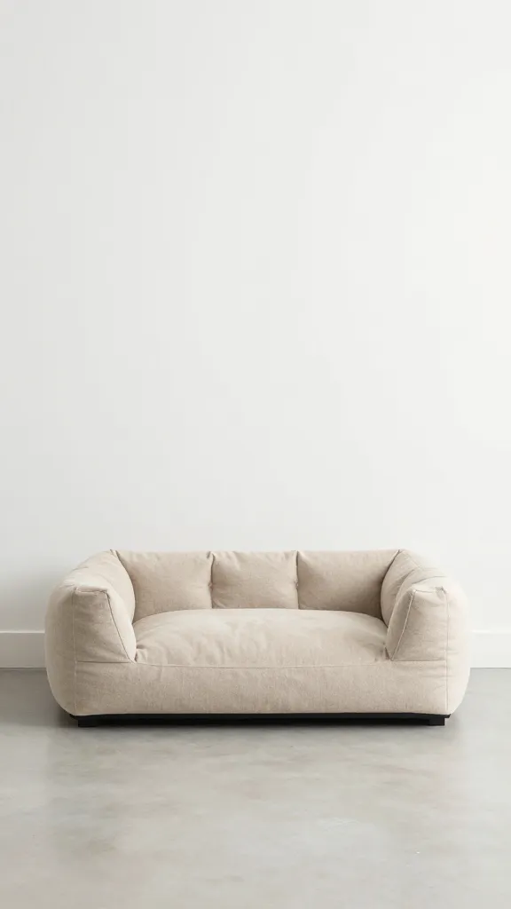 neutral boucle dog bed under gallery wall, clean walkway