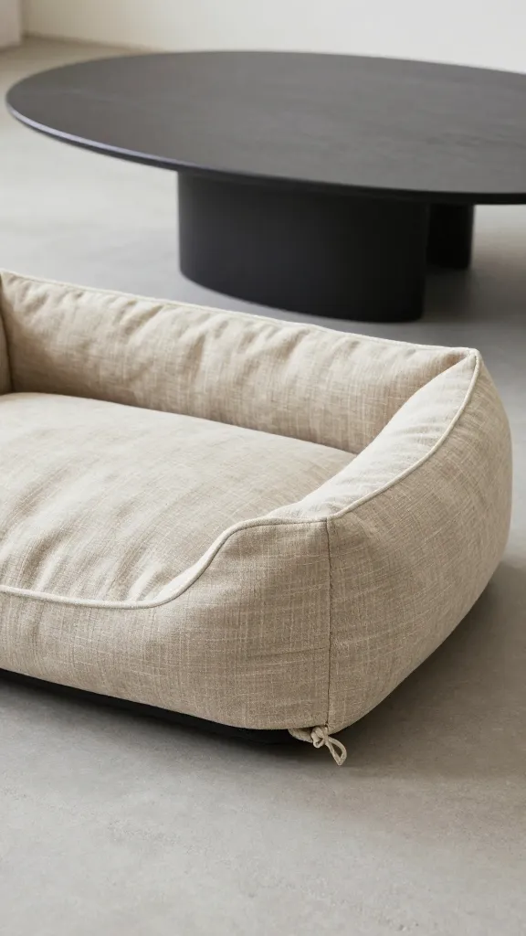 linen bolster dog bed next to modern coffee table