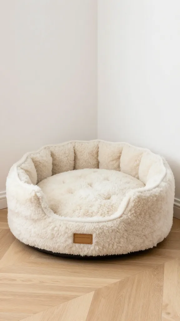 round wool dog bed in corner with taped footprint