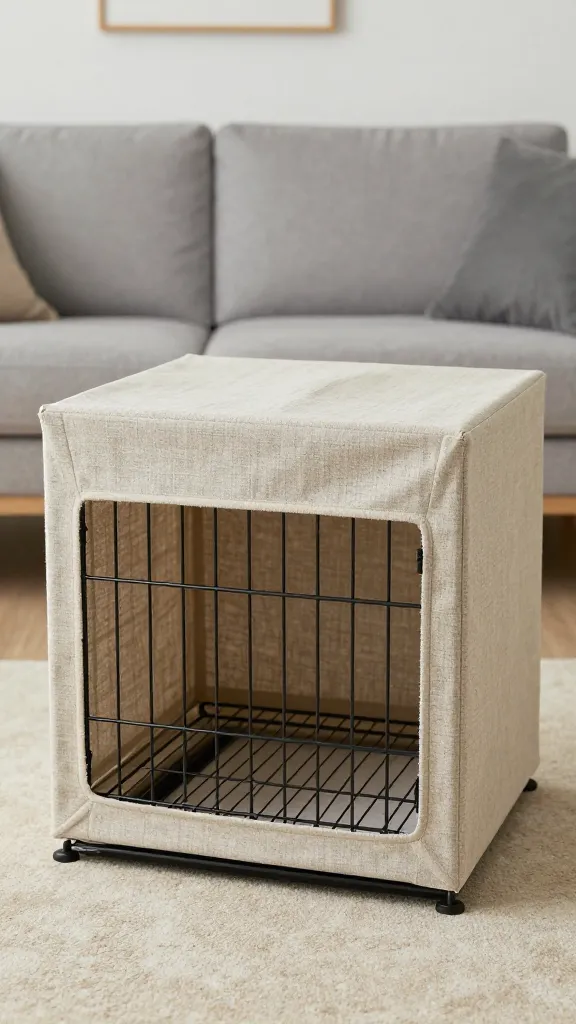 Wire dog crate with linen cover in modern living room