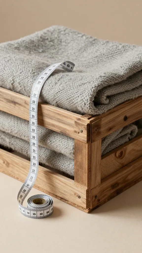 Measured tape beside crate with folded wool blanket