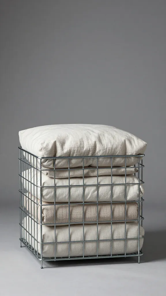 Metal crate with airy sides, layered cushion and throw