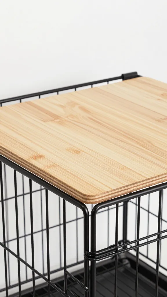 Modern wood crate topper on black wire dog crate