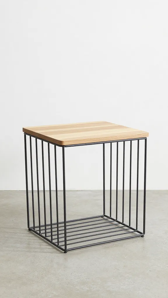 Minimalist side table styling atop wire crate, natural oak