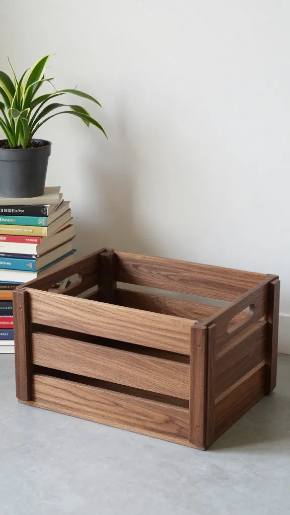 Mid-century walnut crate cover, plant and book stack