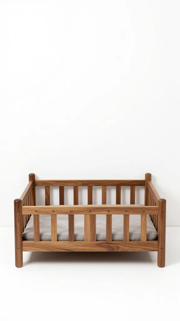 walnut wood dog bed with rails, white wall backdrop