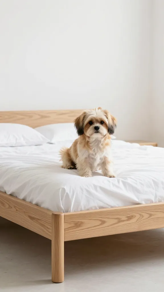 medium dog on low platform bed, natural oak finish