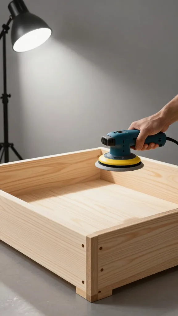 sanding pine dog bed frame, orbital sander, workshop light