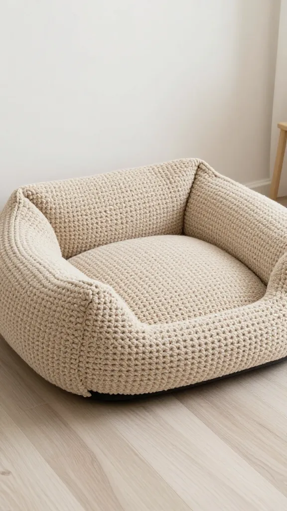 chunky crochet dog bed in neutral yarn, living room floor