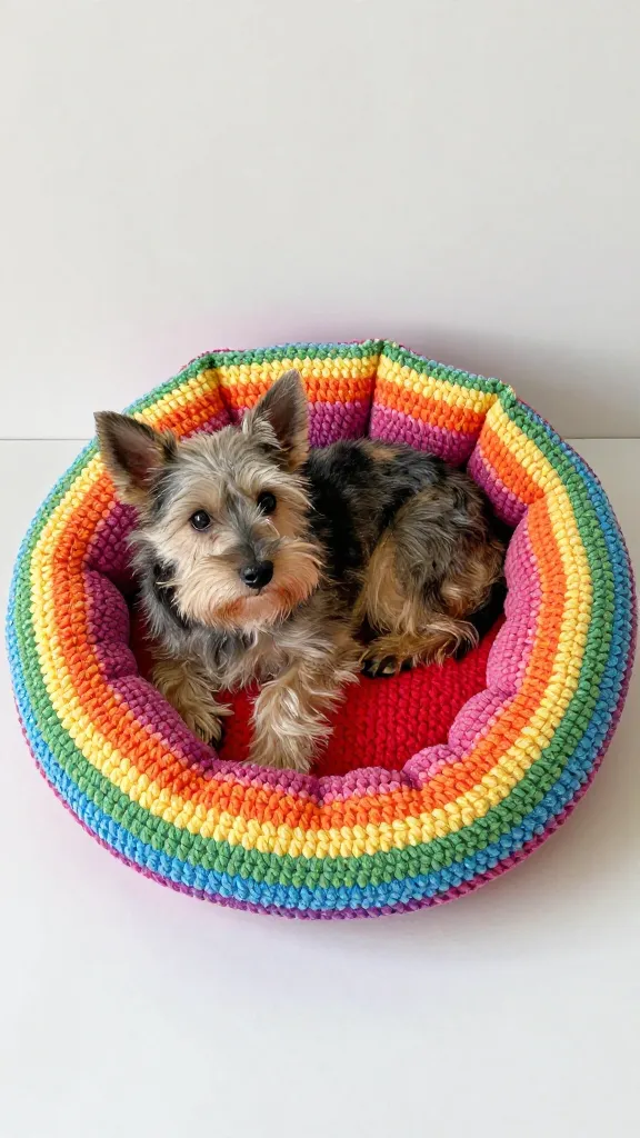 small terrier curled in rainbow puff crochet bed