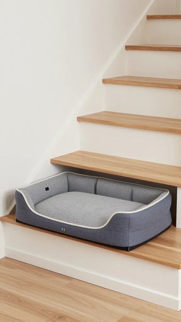 built-in dog bed under stairs with toy storage