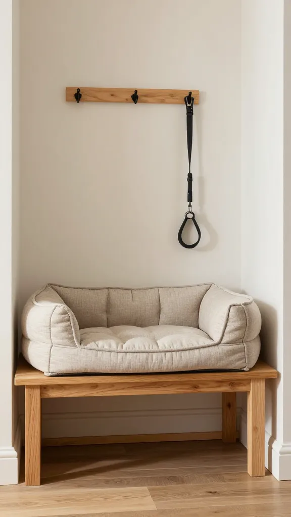 bench seat nook with integrated dog bed and leash hooks