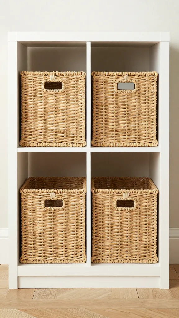 cabinet cubby dog bed with woven baskets for toys