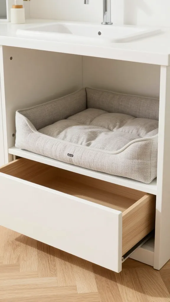 mudroom built-in dog bed with labeled drawer storage