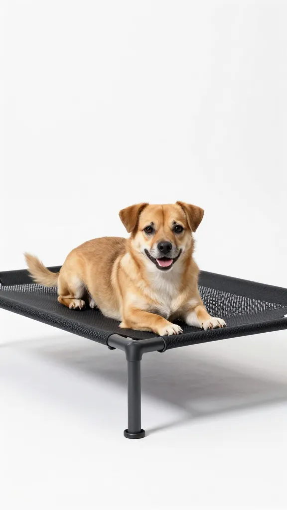 Medium dog lounging on elevated mesh cot, white backdrop