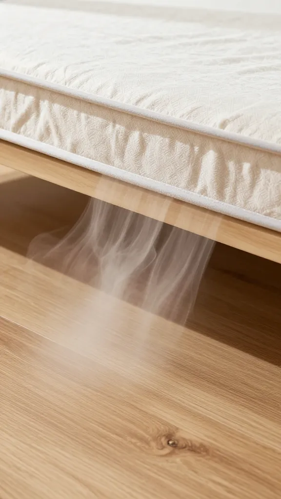 Close-up: airflow under raised dog bed, hardwood floor