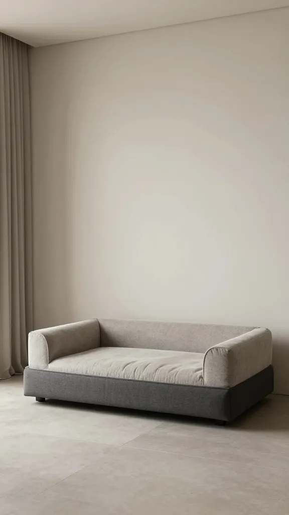 Modern living room with elevated dog bed, neutral tones