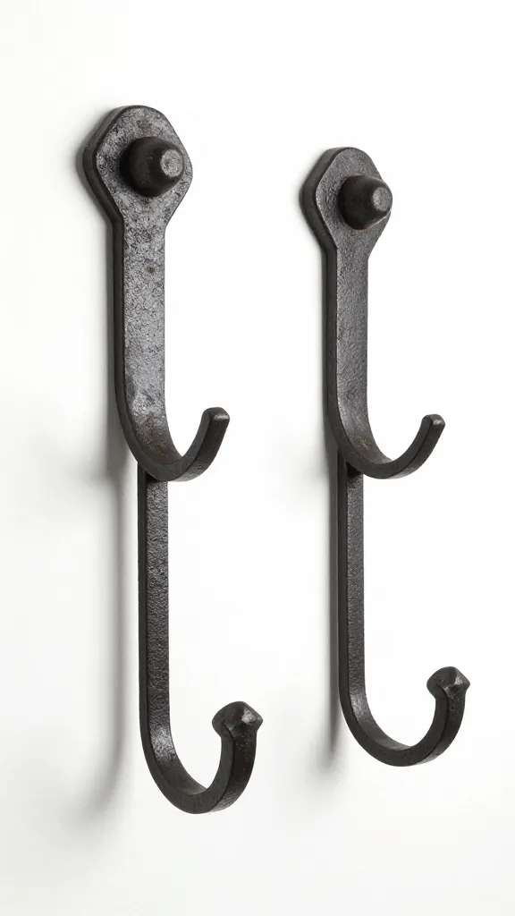 Black iron oversized hooks on white entryway wall