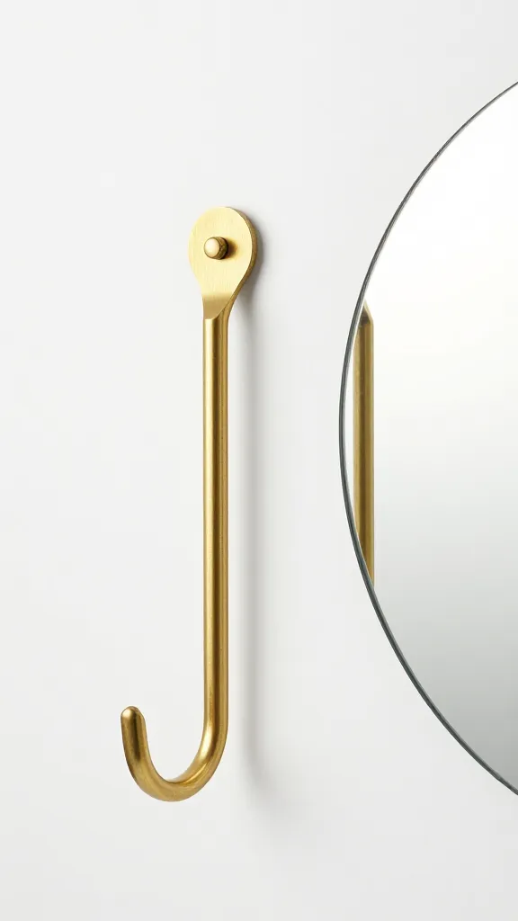 Brushed brass industrial hooks beside round mirror