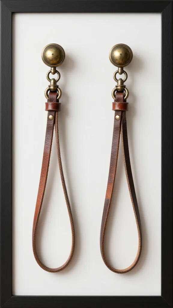 Framed art above antique knobs holding leather leashes