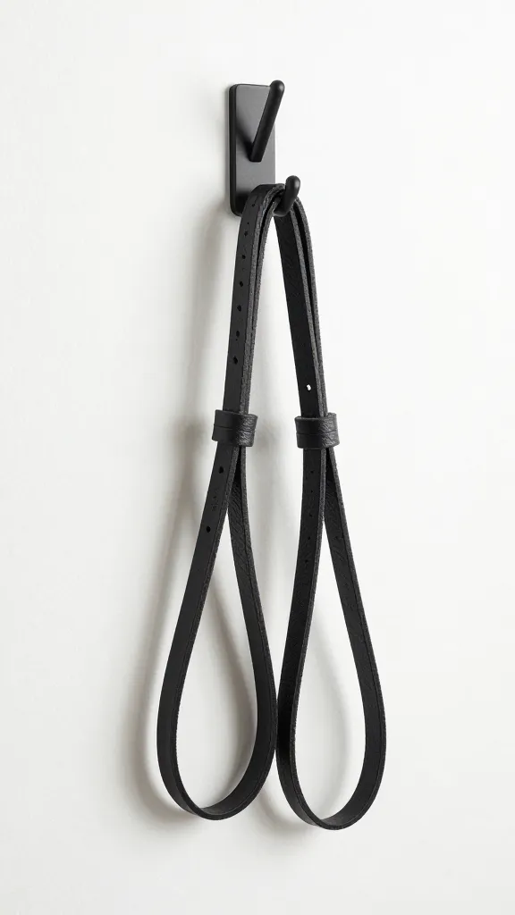 matte black wall hook holding two leather dog leashes