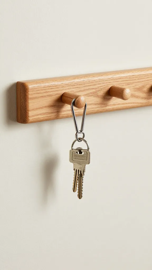shaker-style wooden peg rail with leashes and keys
