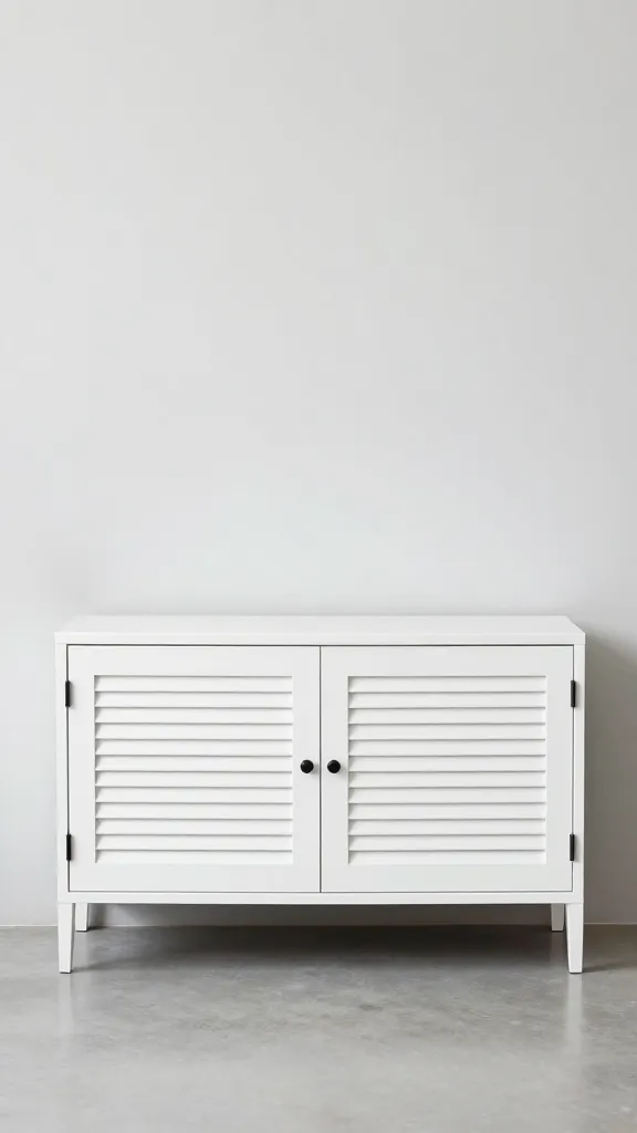 White credenza kennel with slatted doors, minimalist living room
