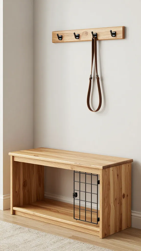 Entryway bench dog crate with leash hooks, oak finish