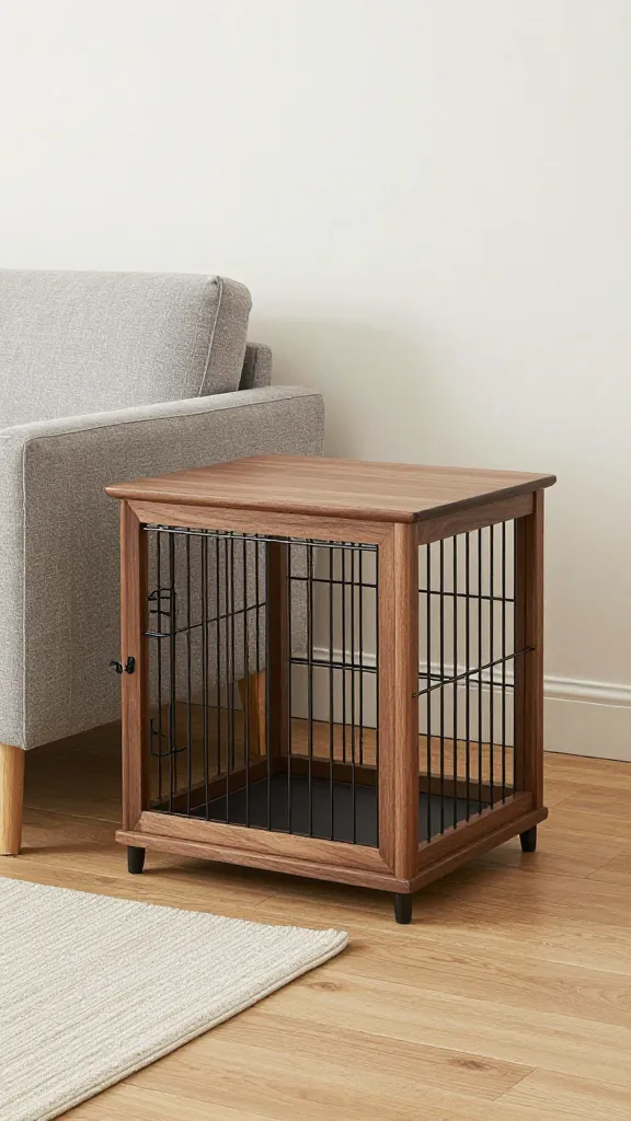 walnut side table dog crate in mid-century living room