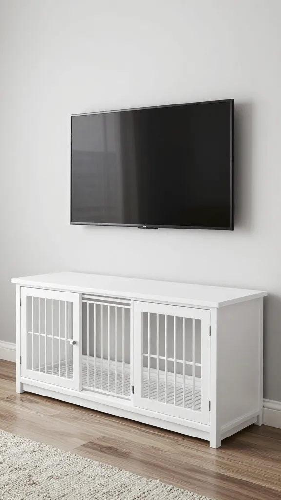white oak dog crate console under wall-mounted TV
